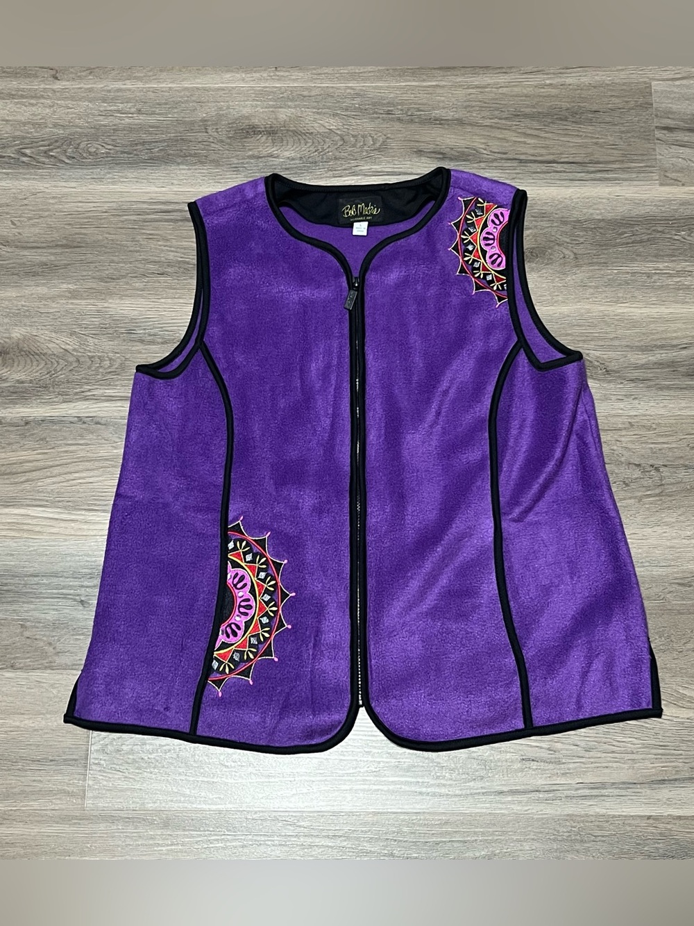 Bob Mackie Wearable Art Large Fleece Vest Embroidered Full Zip Purple Red Pocket